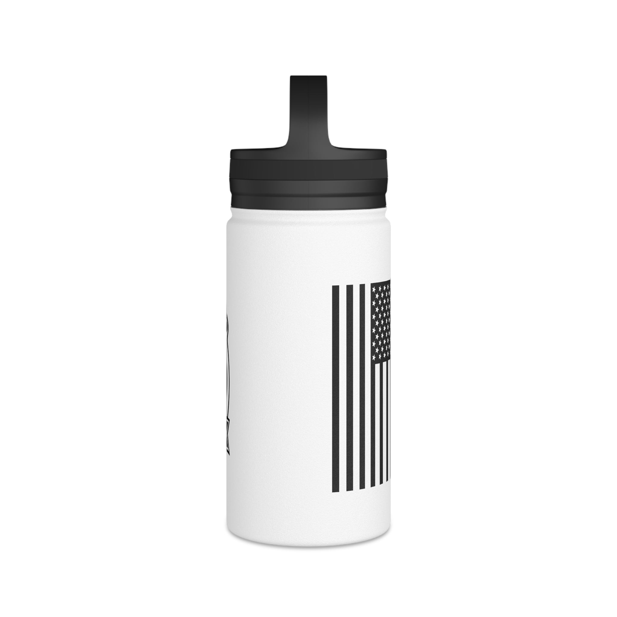 White stainless steel water bottle with black lid and American flag stripe graphic