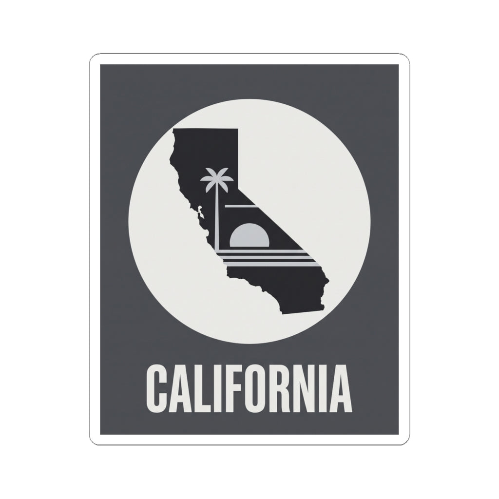 California state silhouette sticker showing dark map with palm tree and CALIFORNIA lettering