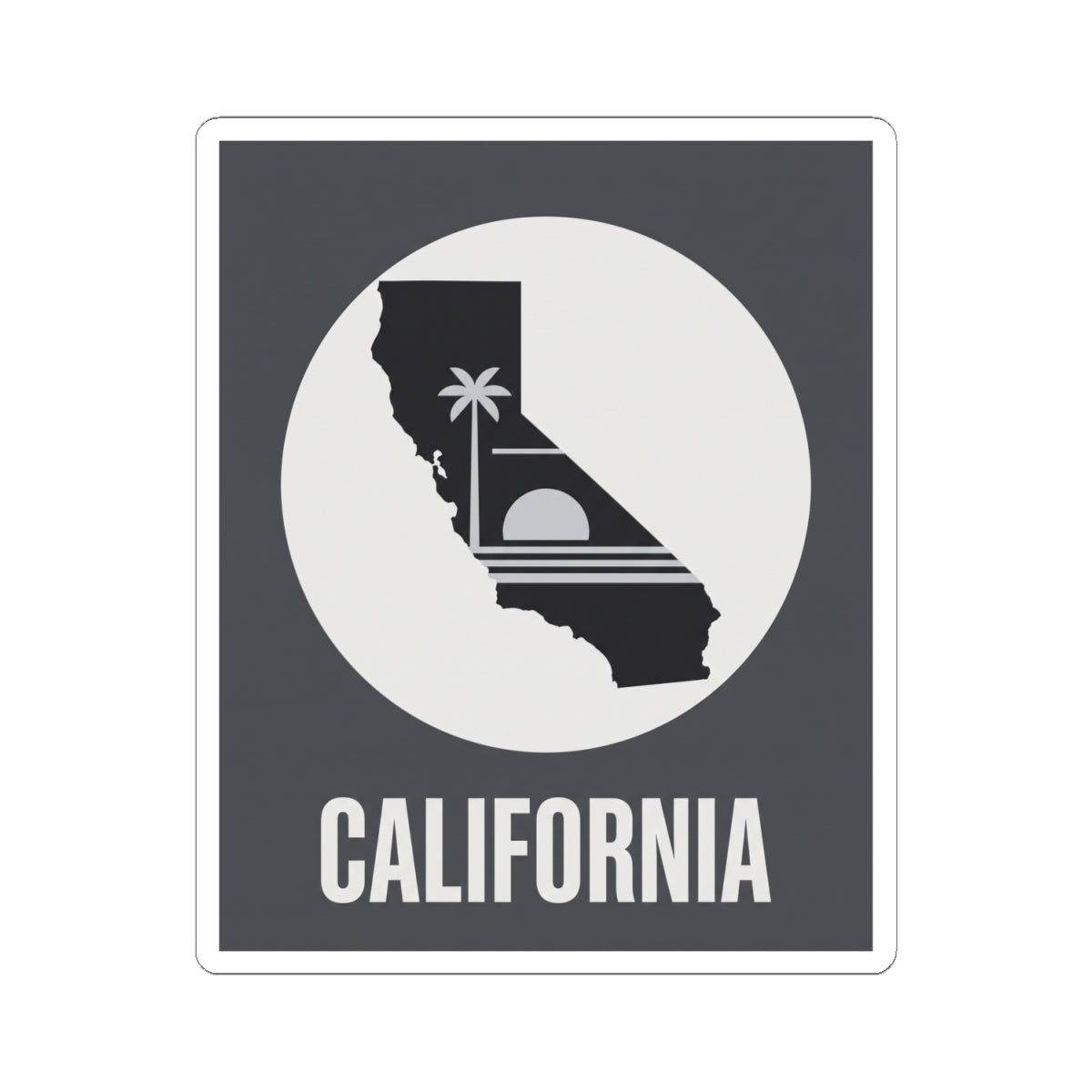 California state silhouette sticker showing dark map with palm tree and CALIFORNIA lettering