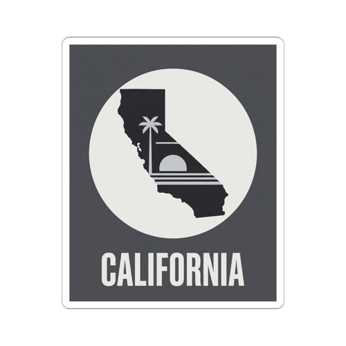 California state silhouette sticker showing dark map with palm tree and CALIFORNIA lettering