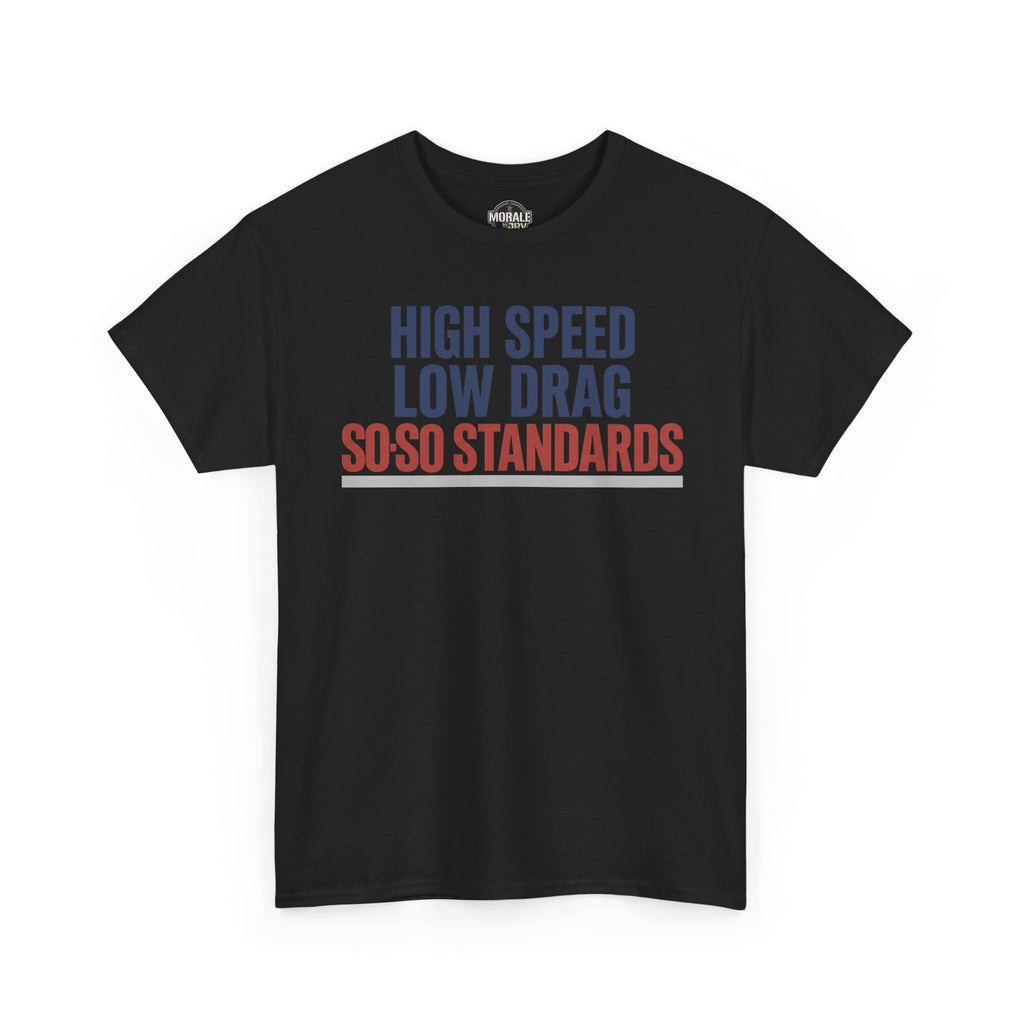 Black crew-neck T-shirt with bold multicolor slogan print on the front.