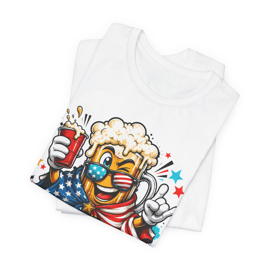 Red White & Brew 4th of July T-Shirt | Patriotic Beer Mascot American Flag Graphic Tee