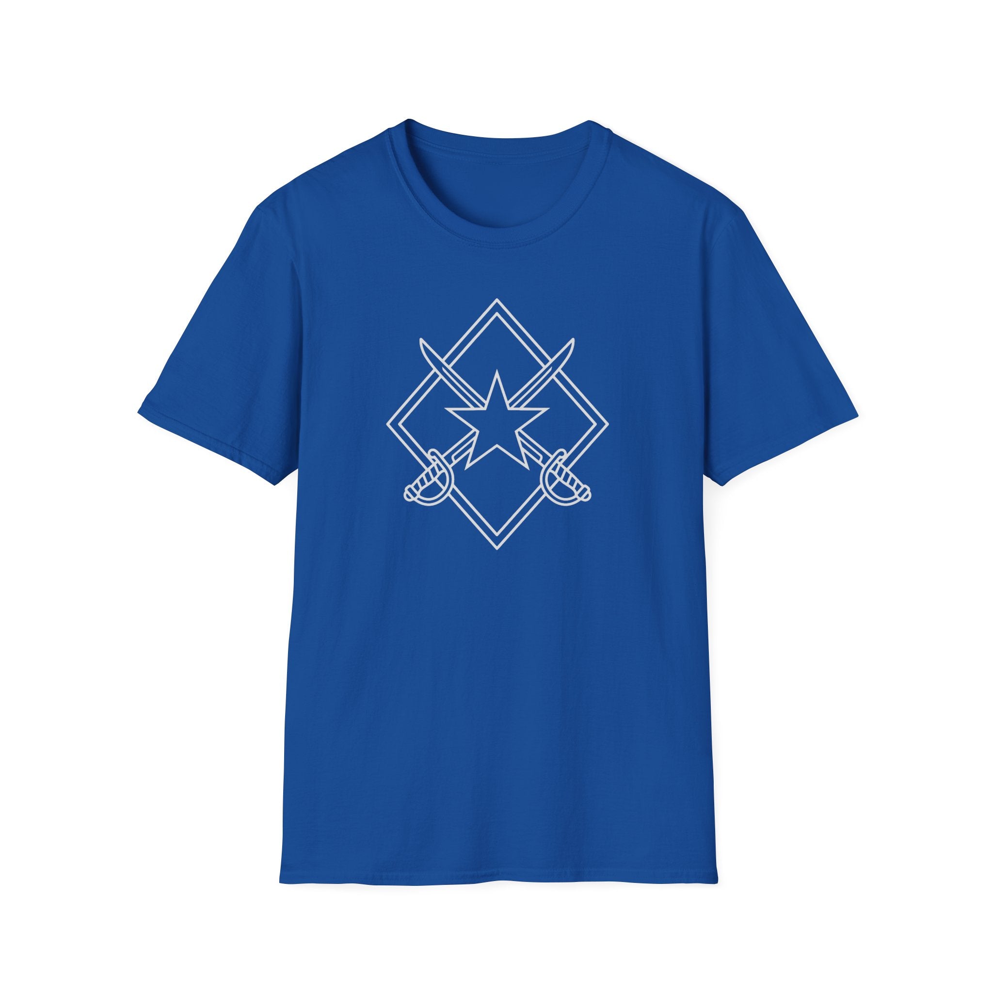 Royal blue T-shirt with crossed sword and star emblem graphic on chest