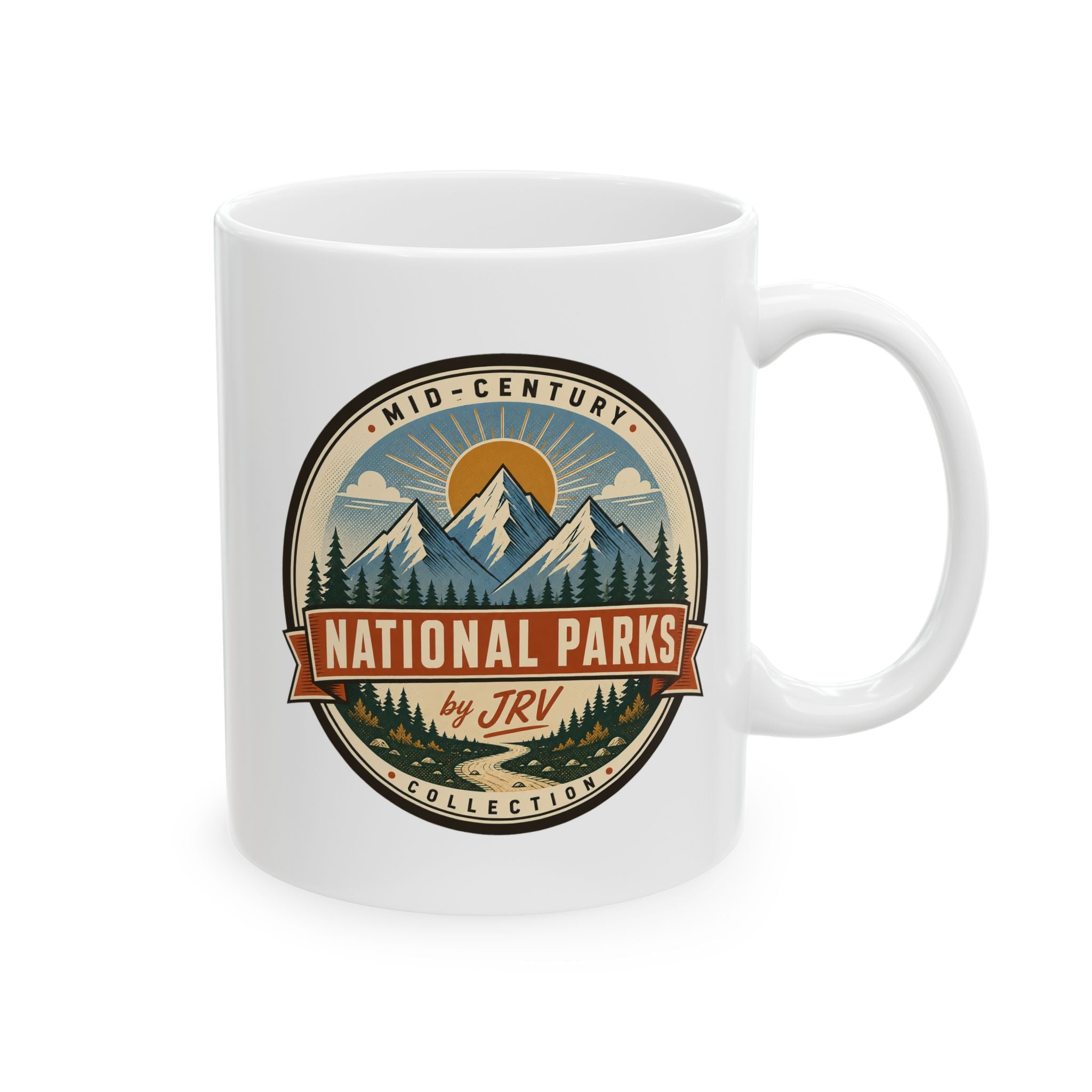 White ceramic mug with National Parks by JRV mid-century emblem and right handle