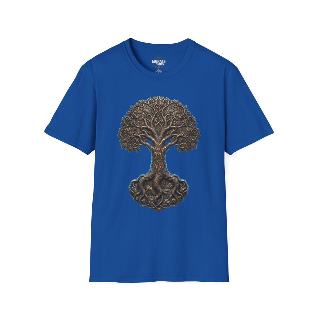 Royal blue T-shirt with Celtic Tree of Life knotwork oak front design