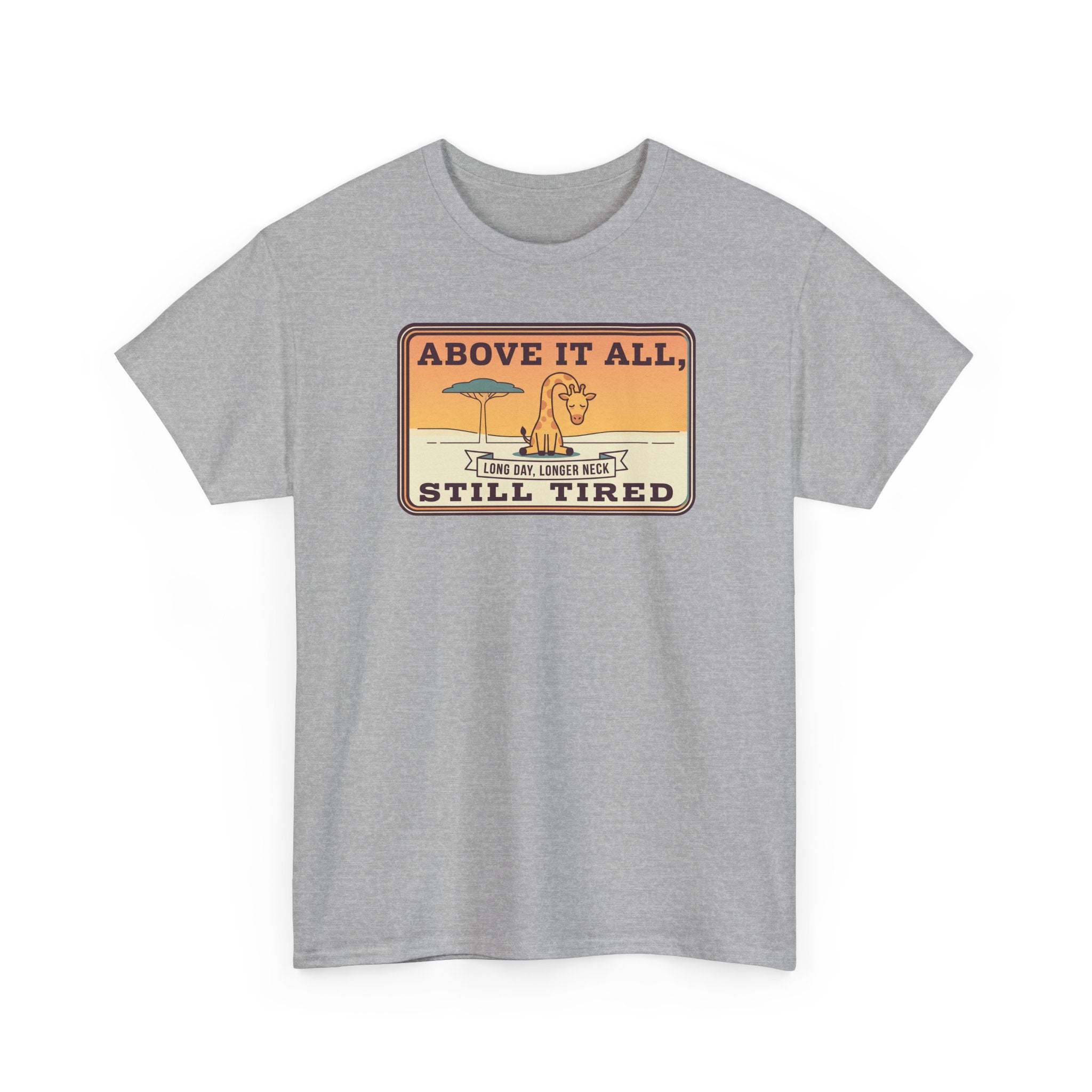 Above It All Still Tired Tee | Retro Beach Scene, Coffee Cup, Sunset Vibes