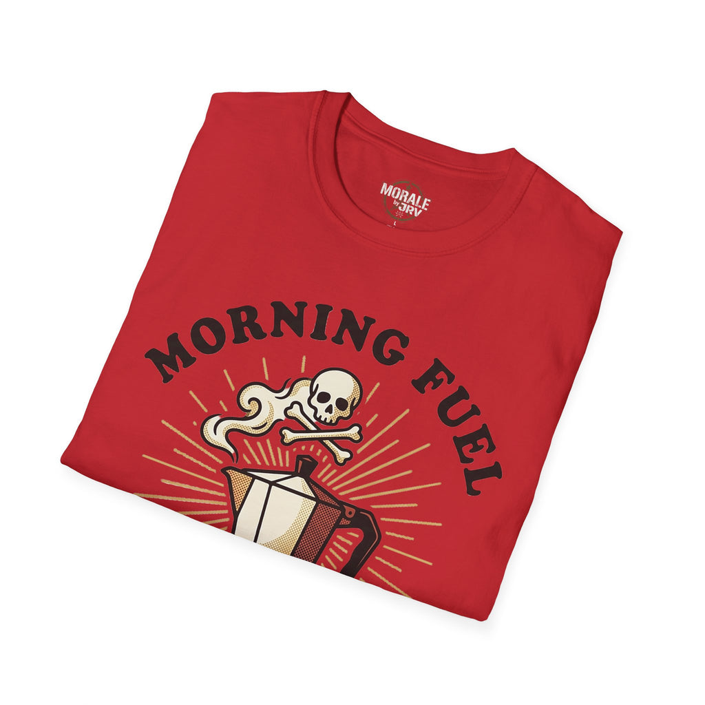 Red t-shirt front with “MORNING FUEL” skull and coffee mug graphic