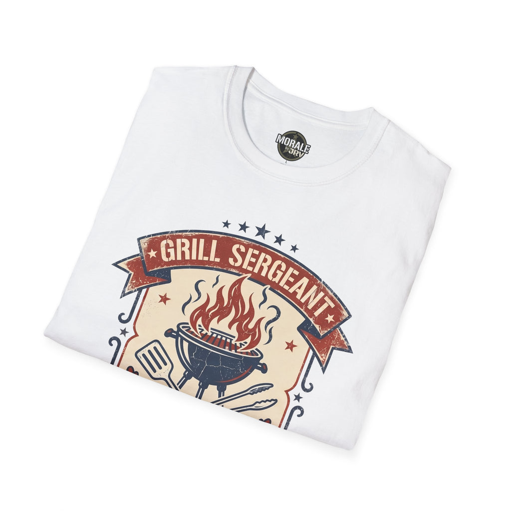 White Grill Sergeant T-shirt with vintage BBQ badge graphic and red banner text
