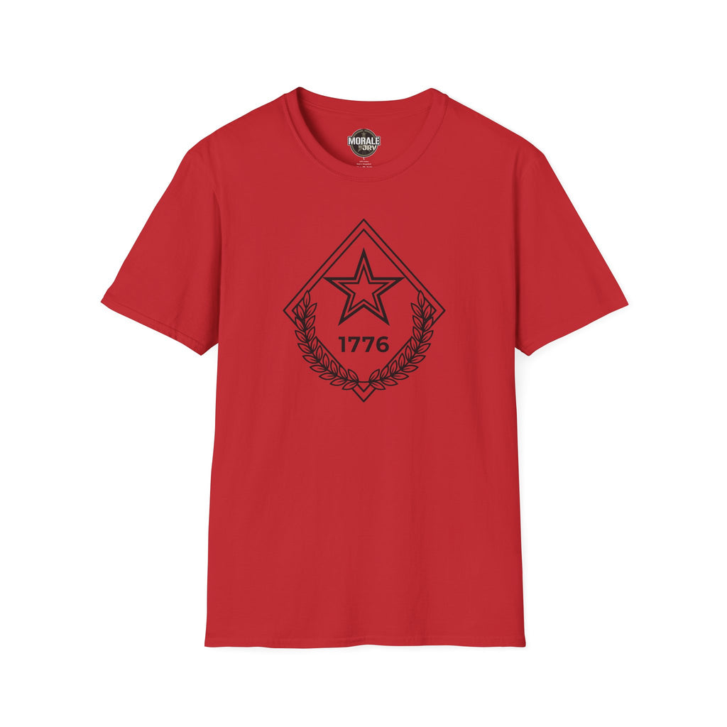 Red t-shirt with chest star-and-laurel diamond emblem, 1776 and outlined star design