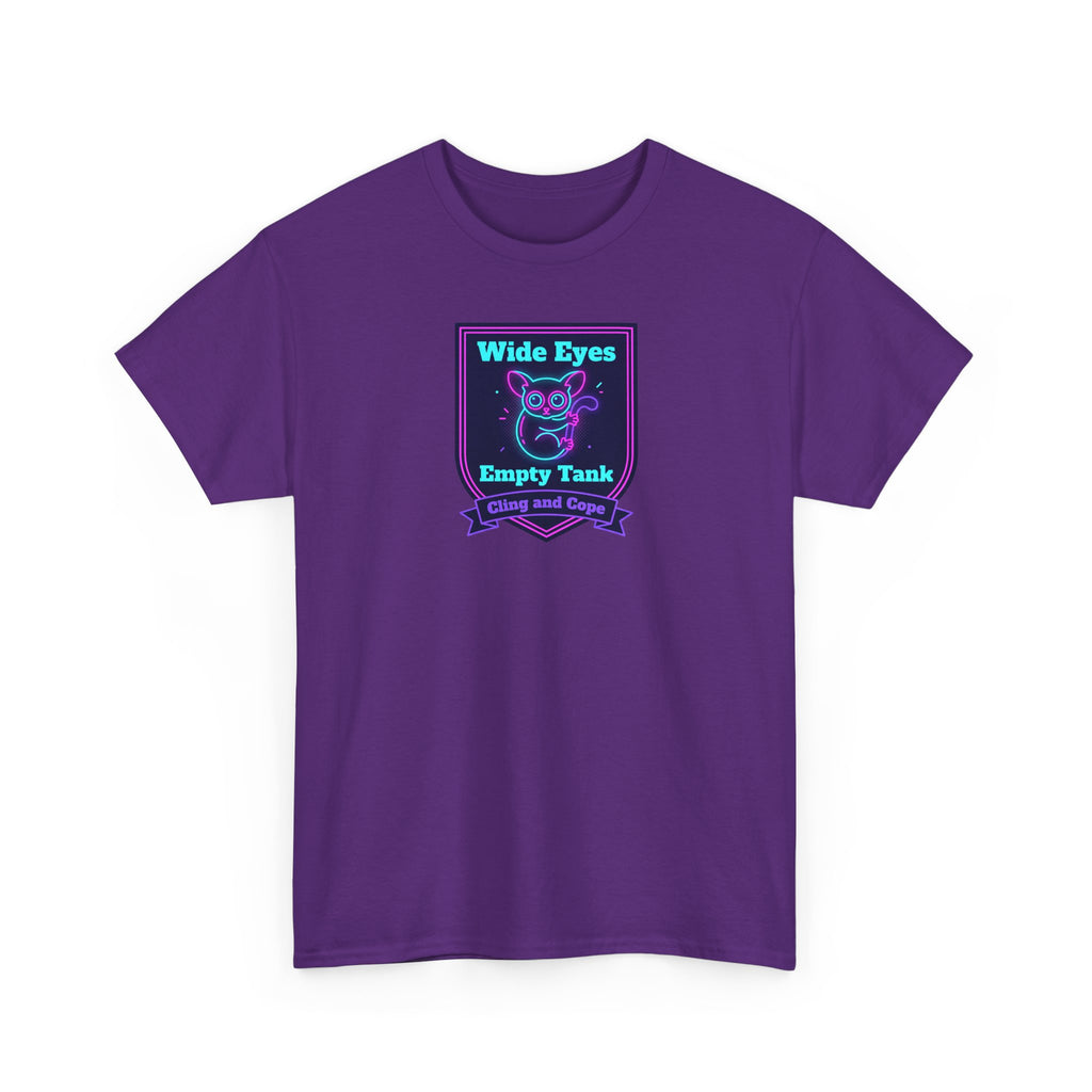 Wide Eyes Empty Tank T-shirt | Owl Illustration, Neon Purple & Teal Badge