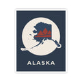 Alaska map badge sticker showing retro mountain graphic in red and navy on cream