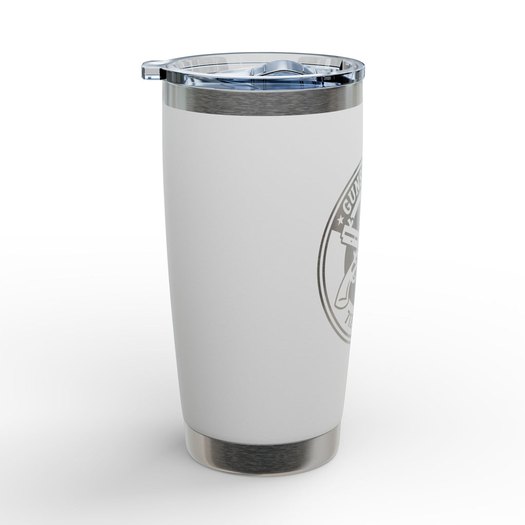 White stainless insulated travel tumbler with partial side emblem and clear lid