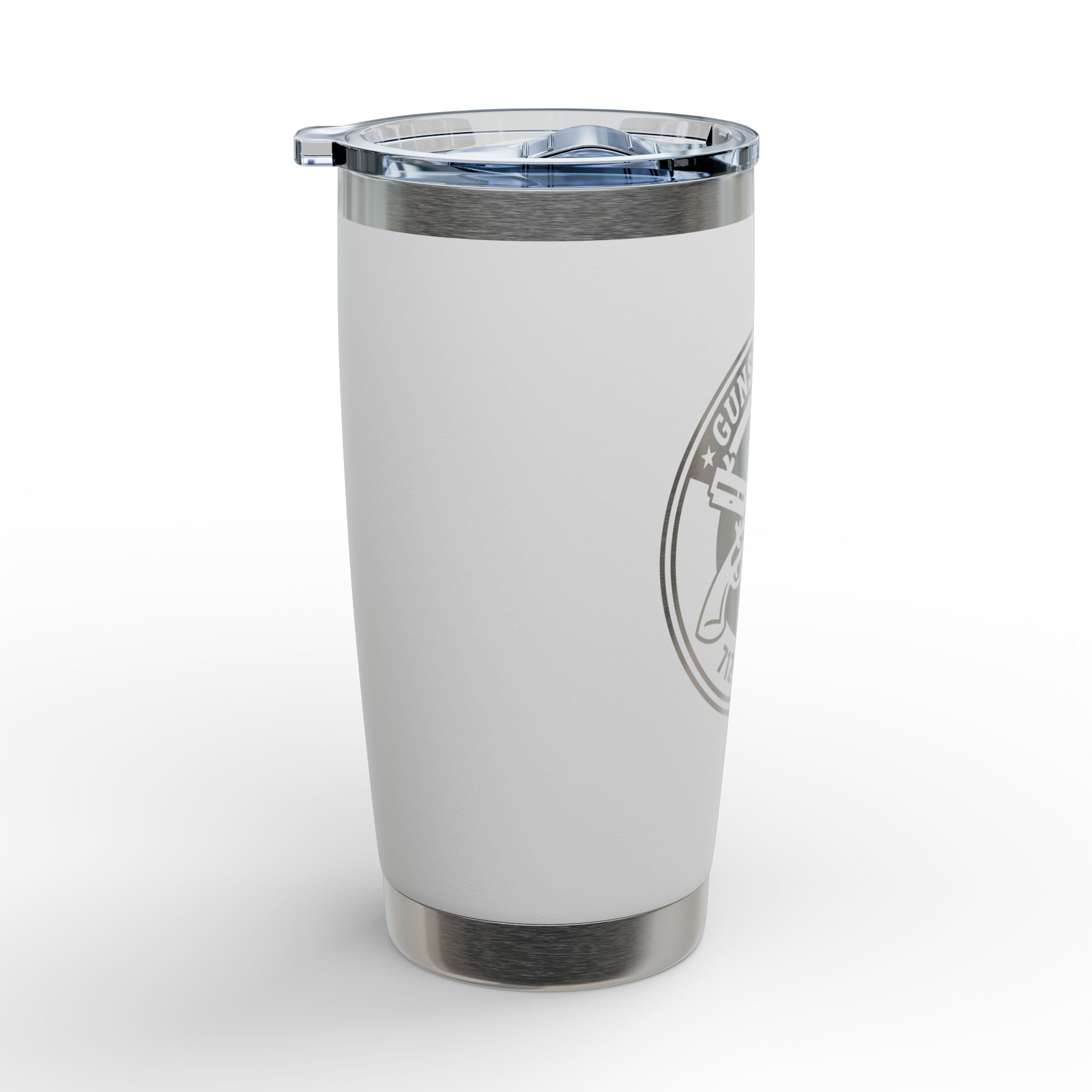 White stainless insulated travel tumbler with partial side emblem and clear lid