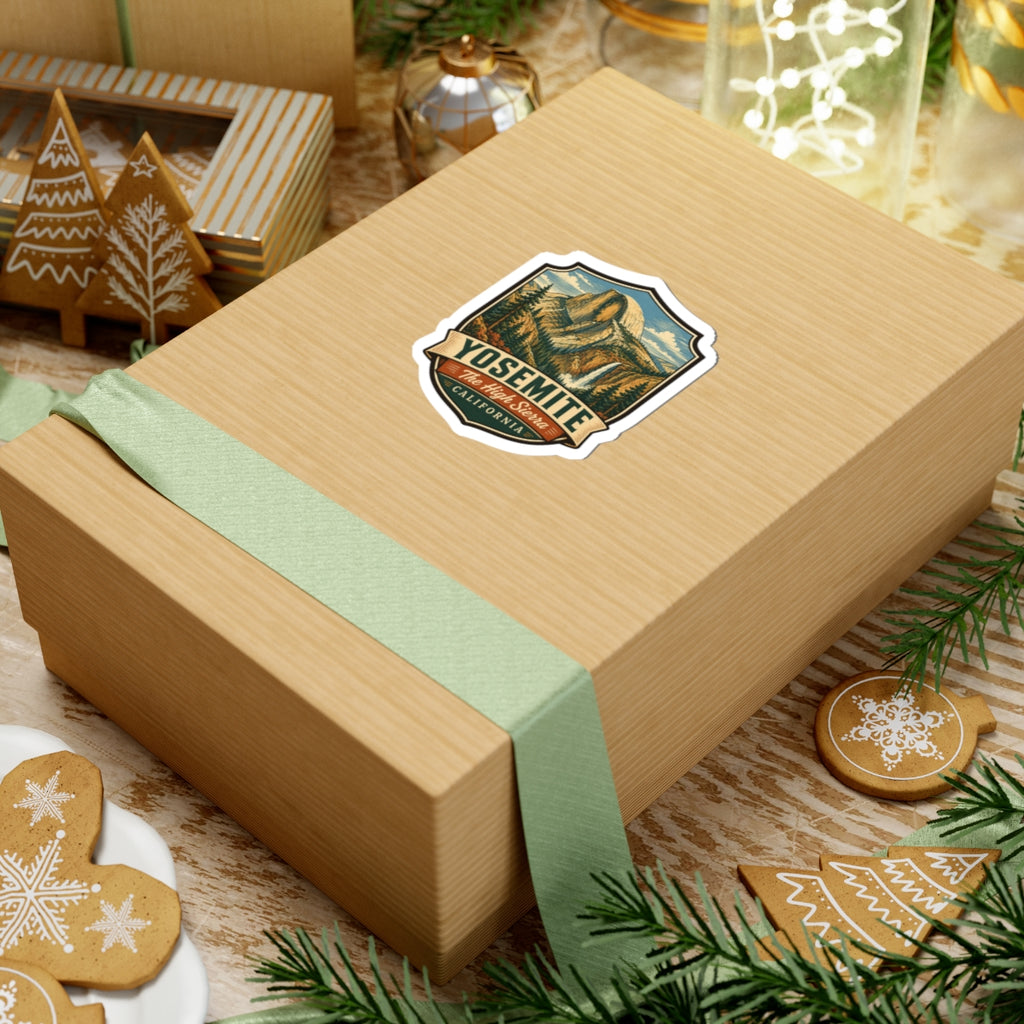 Yosemite sticker on wrapped gift box, Half Dome shield with California ribbon banner