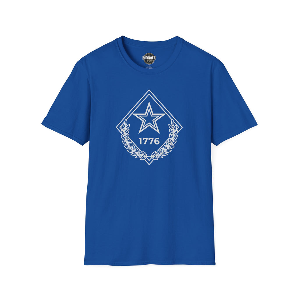 Royal blue t-shirt with chest star-and-laurel diamond emblem, 1776 and outlined star design