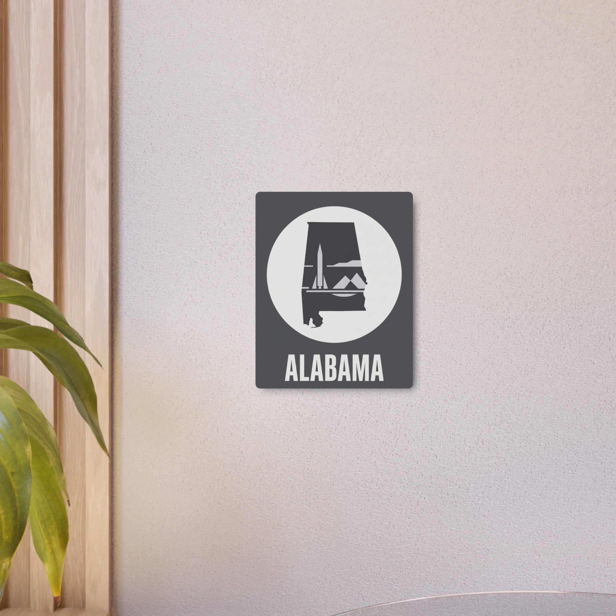 Small Alabama rocket skyline metal wall art, square front with circular emblem
