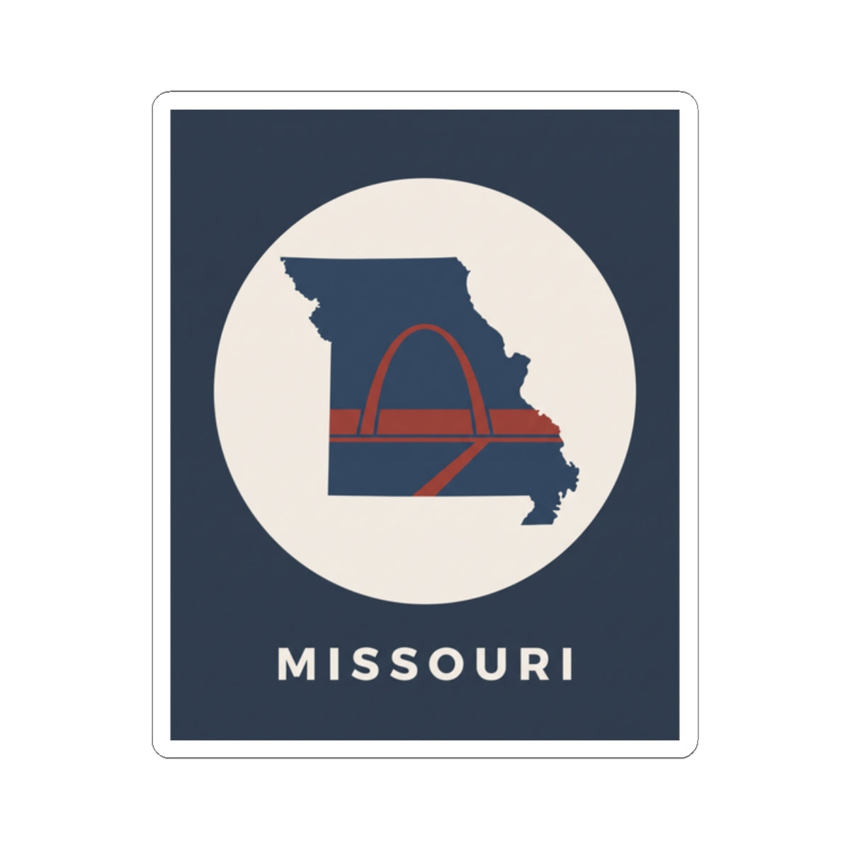 Missouri arch graphic sticker with state silhouette, cream circle and MISSOURI lettering