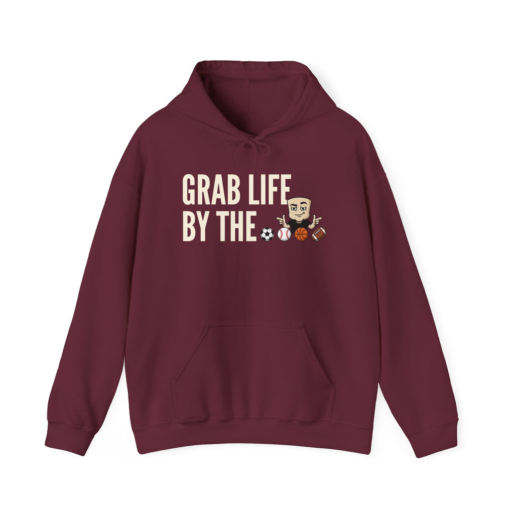 Grab Life By The Balls Hoodie | Funny Sports Ball Graphic Adult Humor Sweatshirt Gift