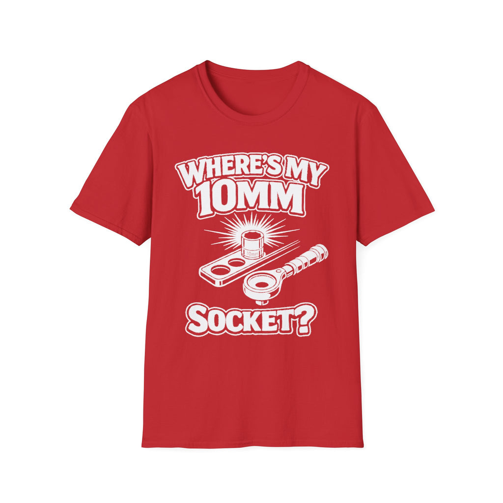 Where's My 10mm Socket? T-shirt in red with white socket tool graphic front