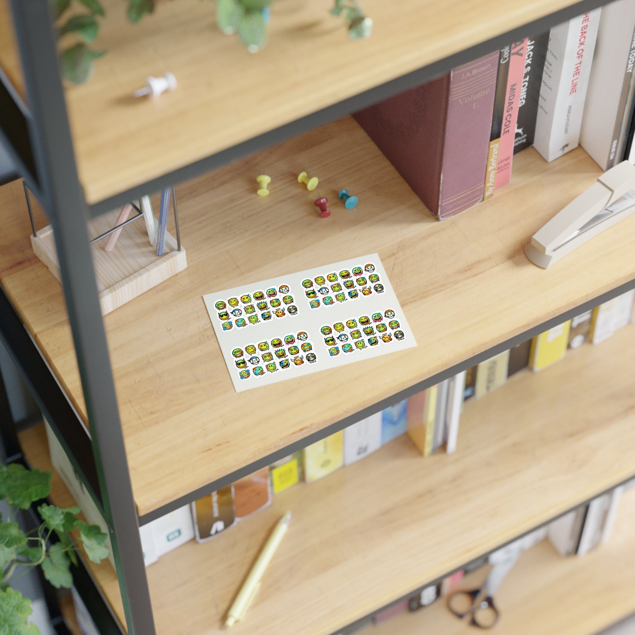 Emoji face sticker decals on small paper sheets, die-cut icons in grid