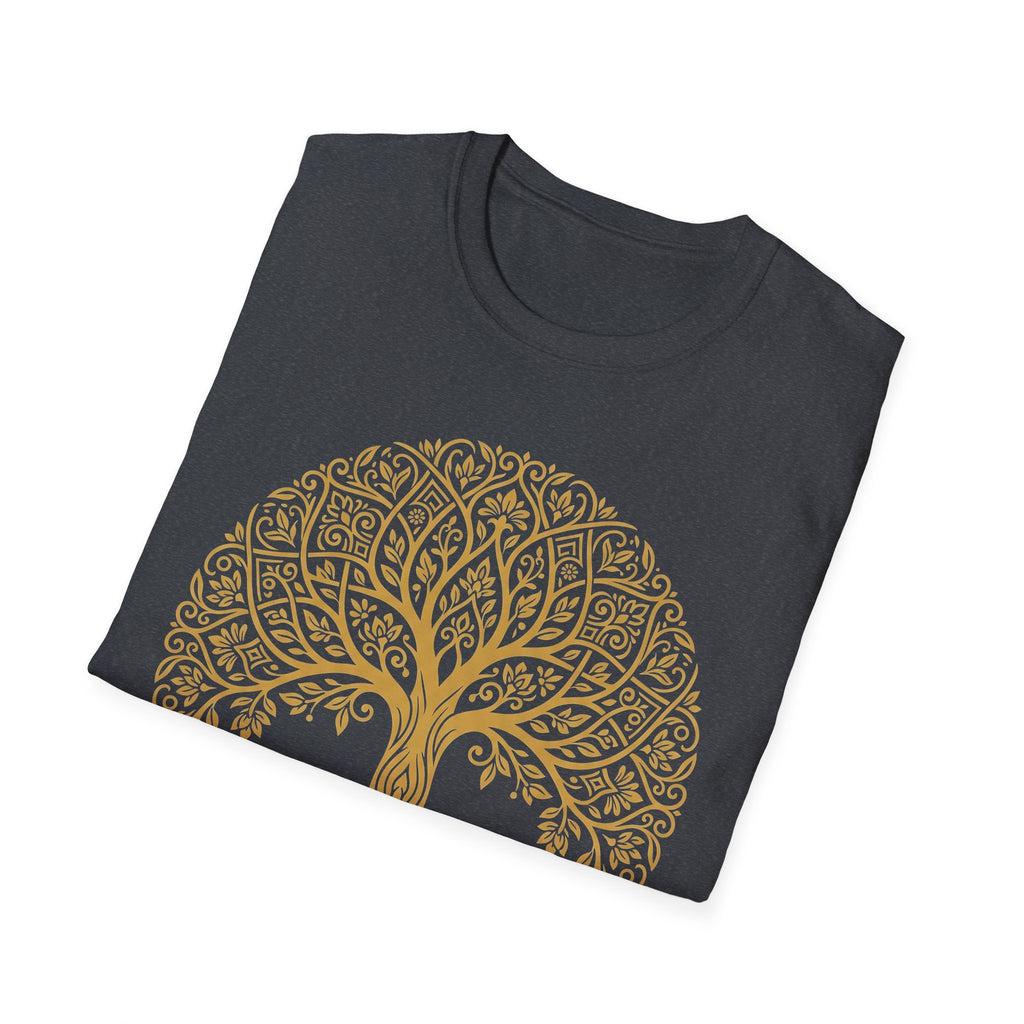 Dark heather grey T-shirt with gold Tree of Life mandala print front