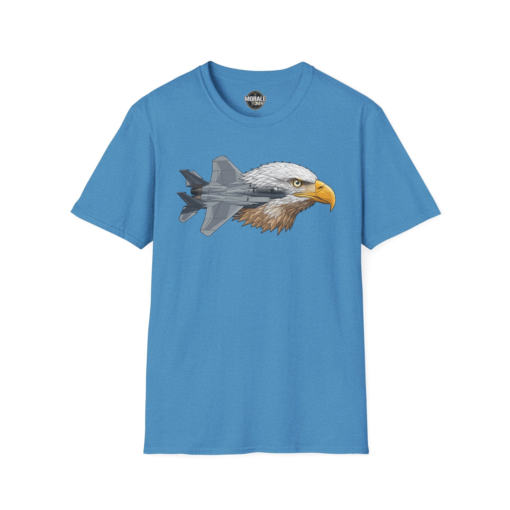 Blue T-shirt with eagle head and fighter jet graphic