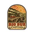 Kiss-cut Big Sur California sticker featuring red camper van on a coastal bridge with “BIG SUR California”.