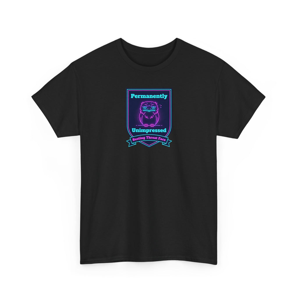 Permanently Unimpressed Badge Tee | Retro Neon Robot Design