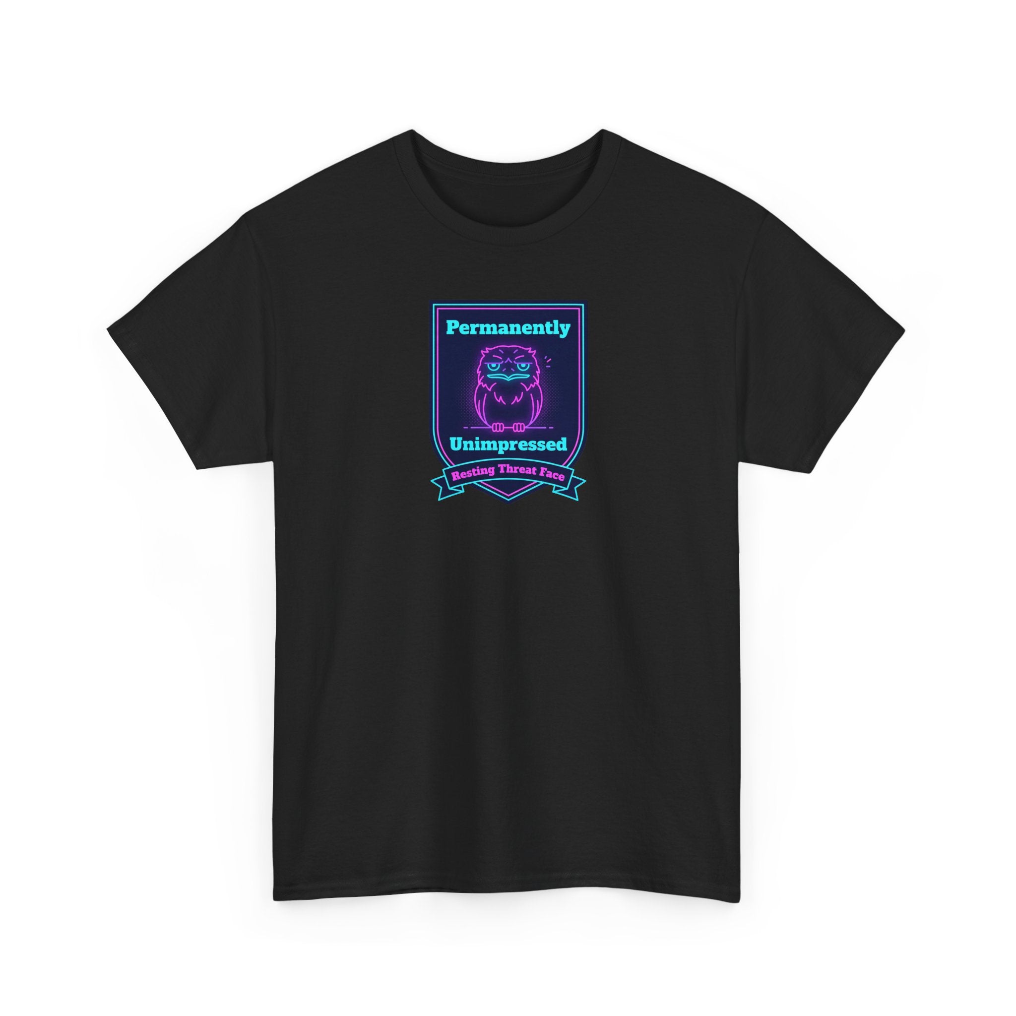 Permanently Unimpressed Badge Tee | Retro Neon Robot Design
