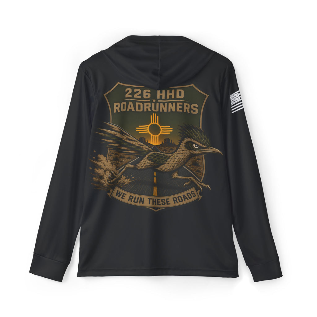 Black pullover hoodie with large back graphic: 226 HHD Roadrunners