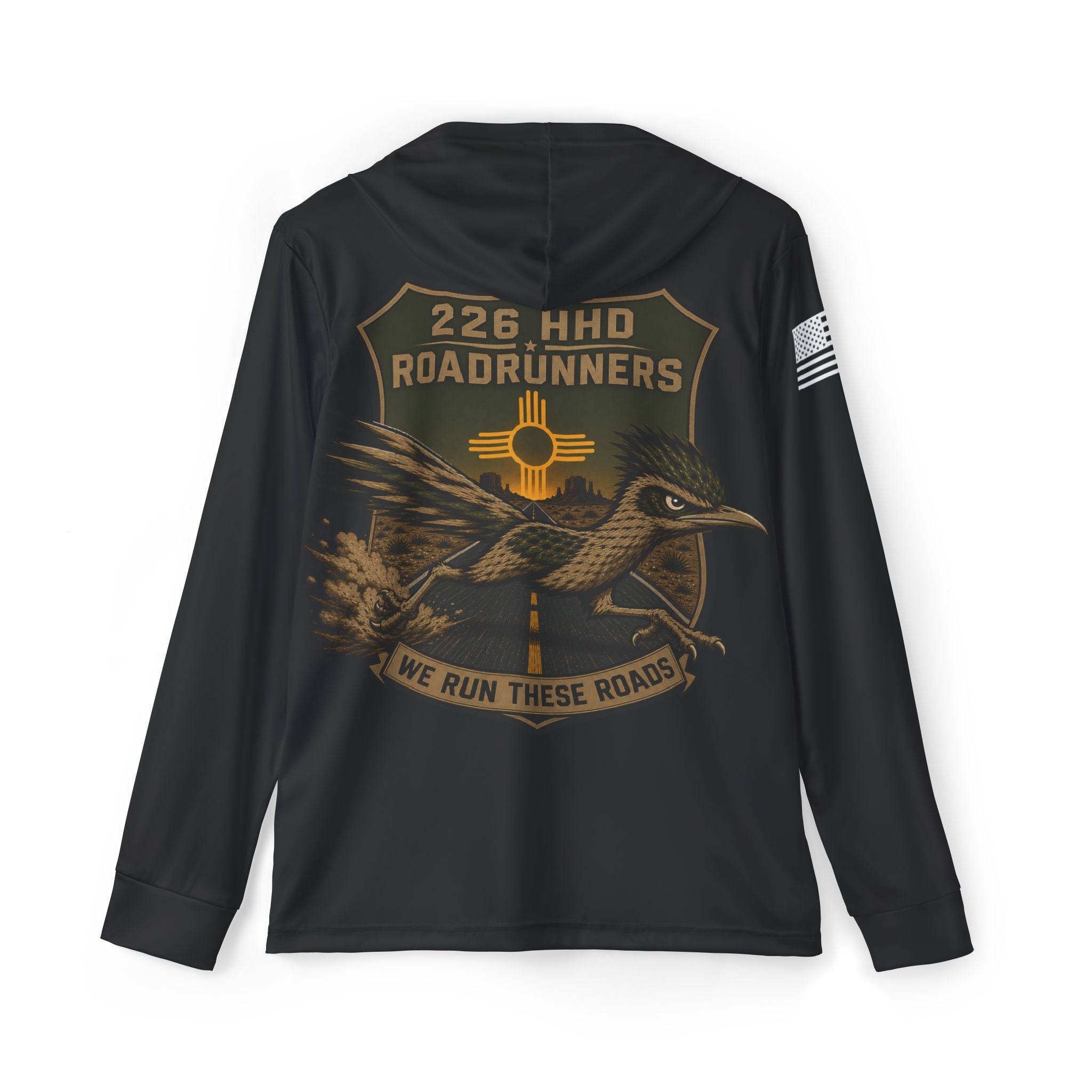 Black pullover hoodie with large back graphic: 226 HHD Roadrunners