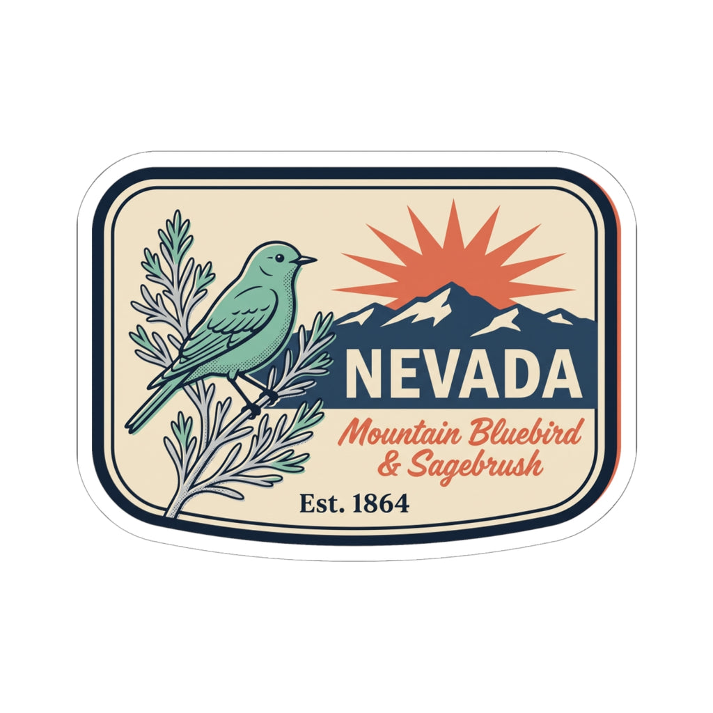 Nevada state badge vinyl sticker with bluebird, sagebrush, mountain ridge, sunburst, Est. 1864.