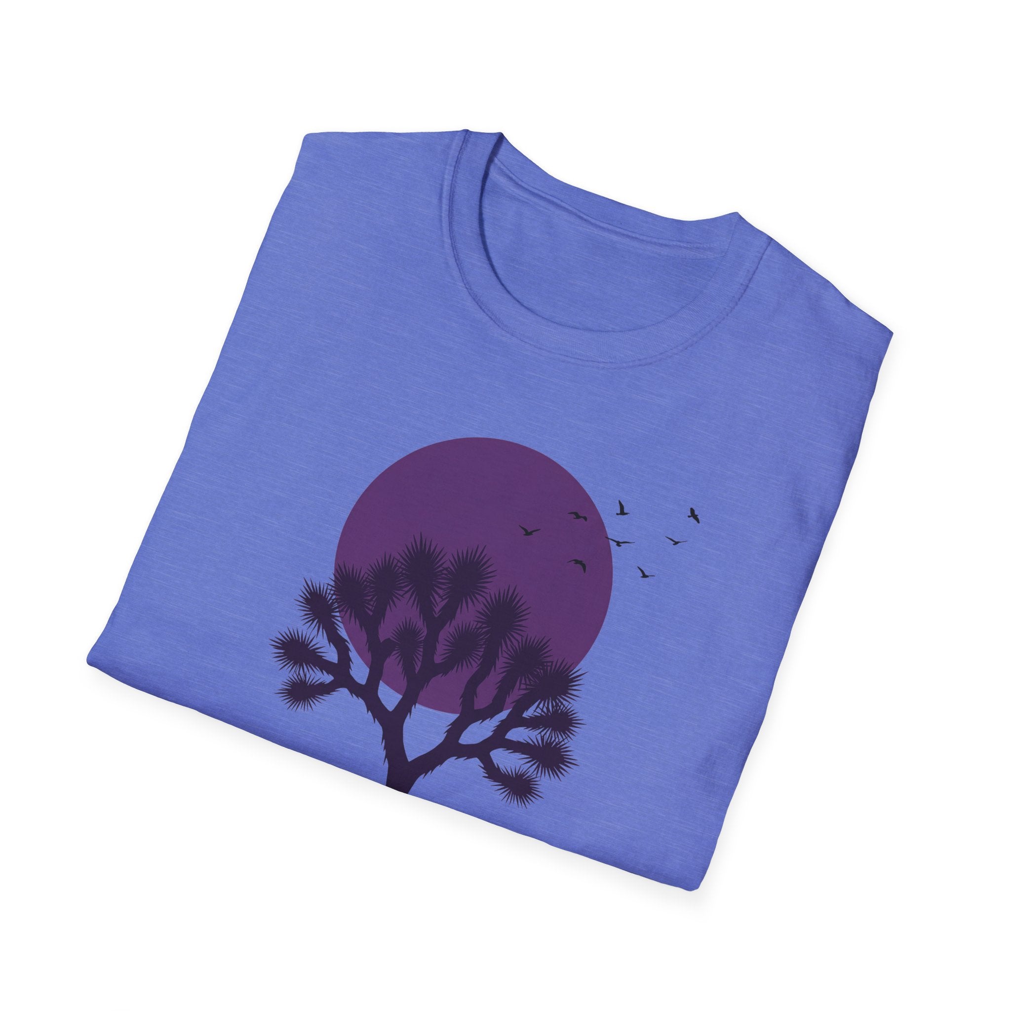 Heather purple T-shirt with purple moon, Joshua tree silhouette, and flying birds graphic