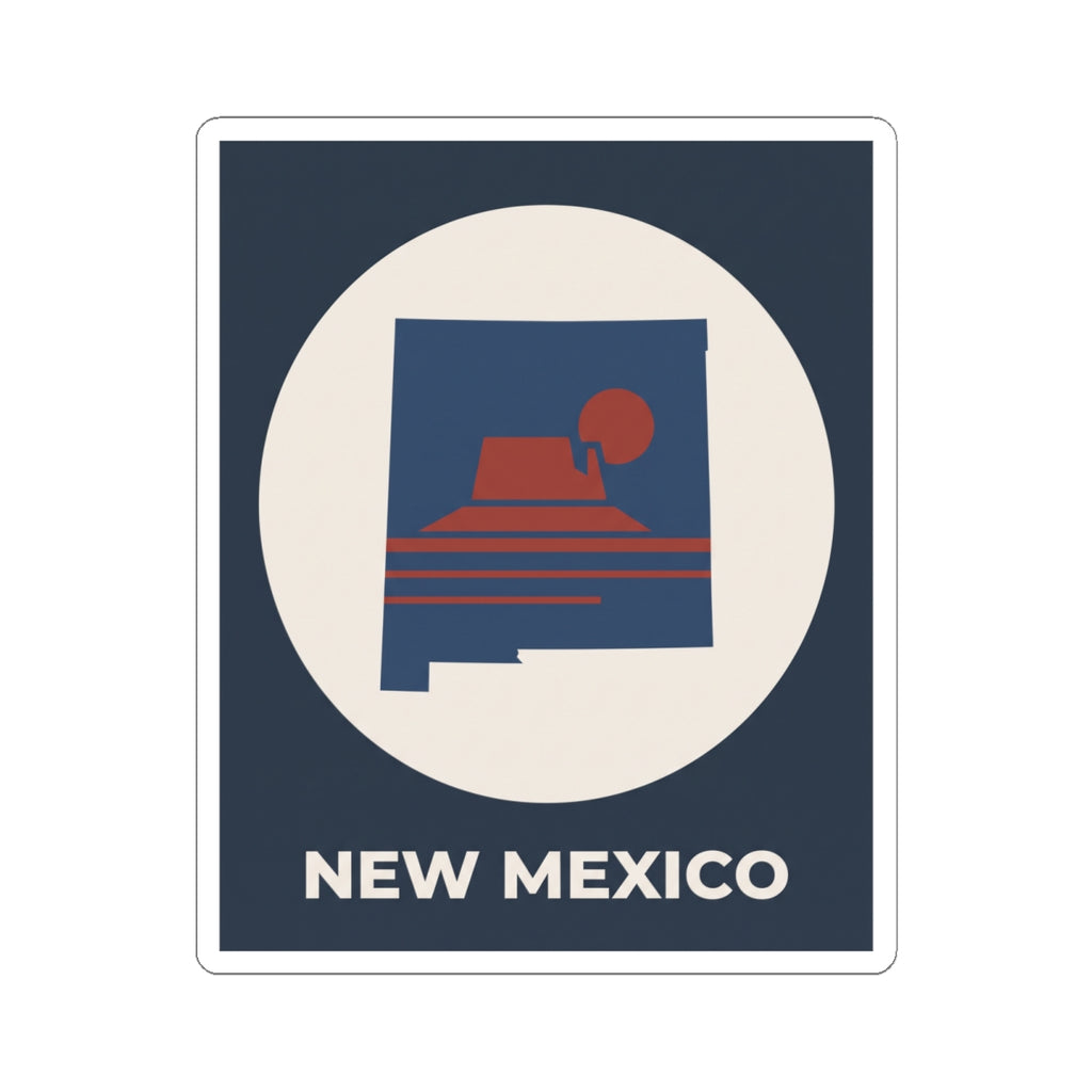 New Mexico sunset kiss-cut sticker with dark blue square, white circular border, “NEW MEXICO” text.