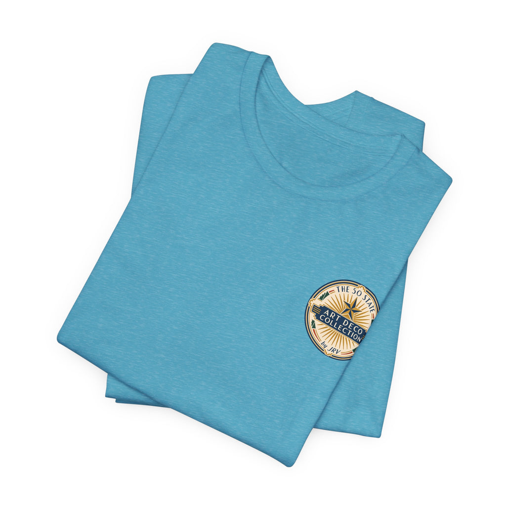 Teal art deco rocket graphic t-shirt with small circular logo patch