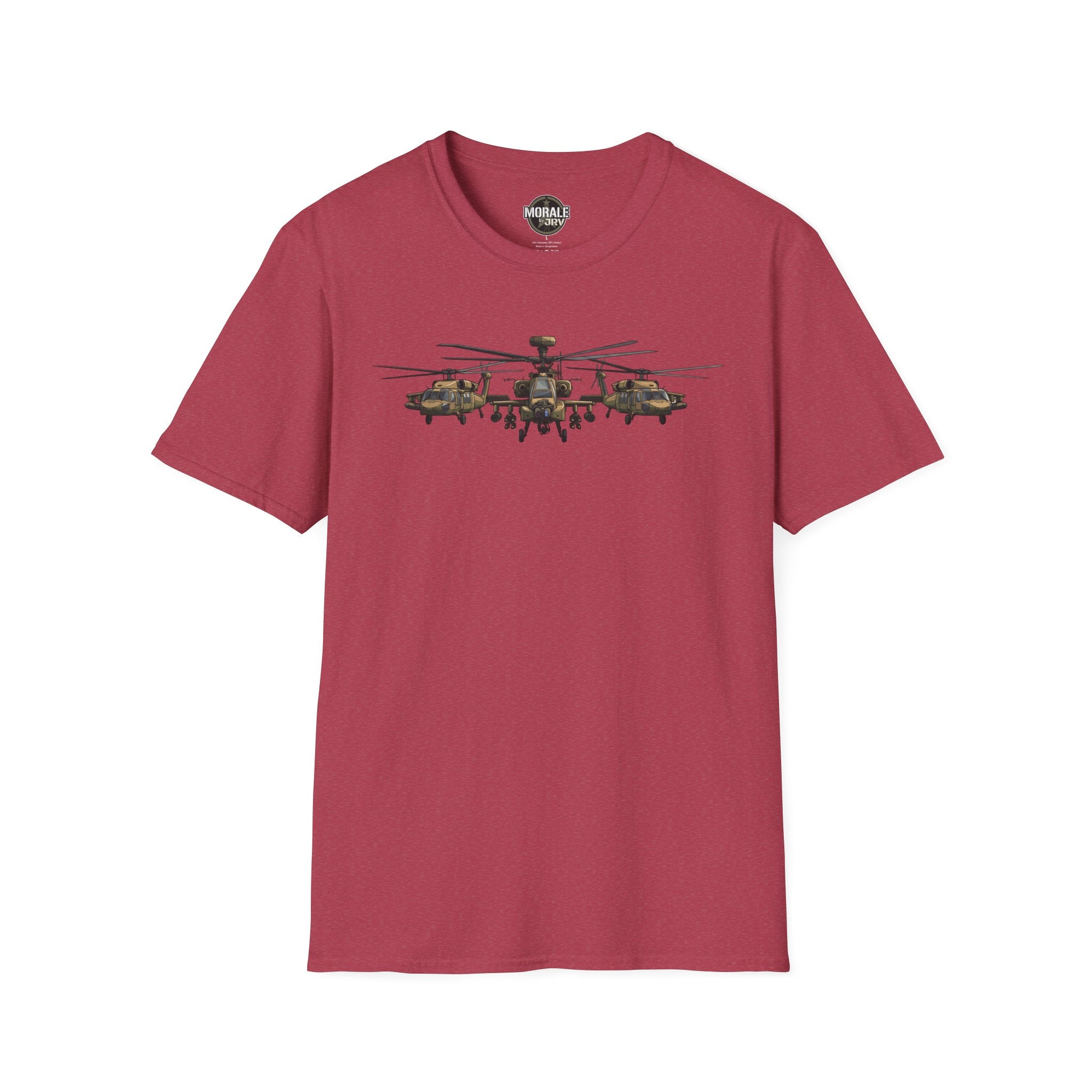 Red T-shirt with Apache helicopter formation graphic across the chest