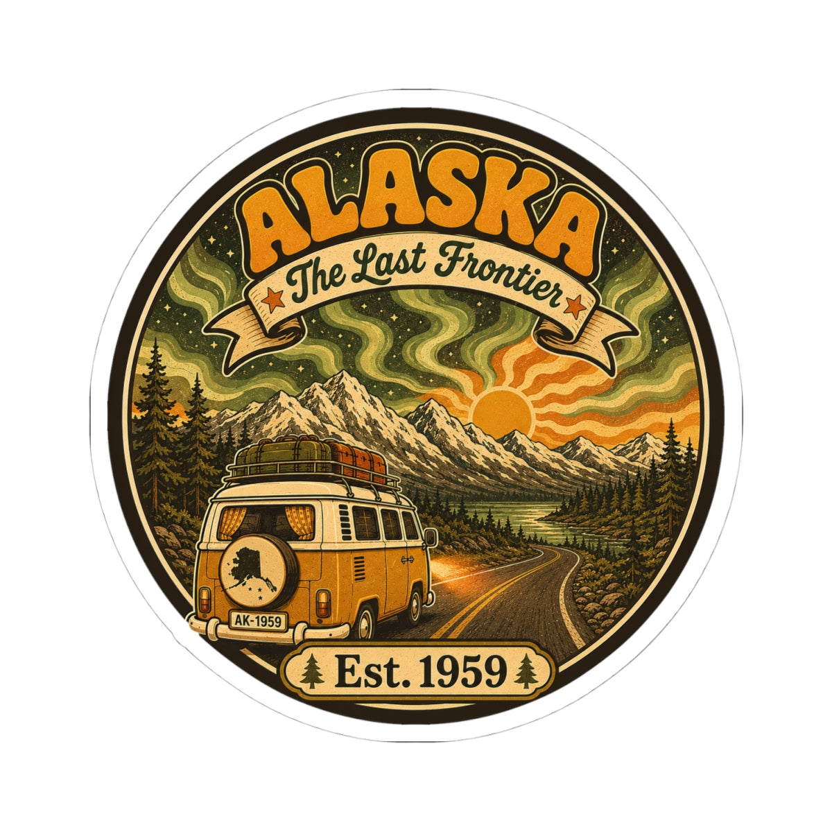 Round Alaska vintage camper van sticker with “The Last Frontier” banner and Est. 1959