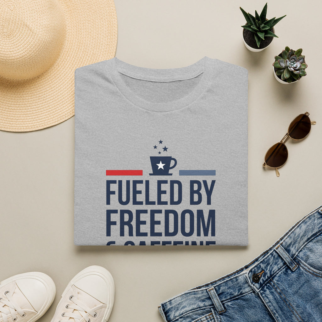 Fueled by Freedom & Caffeine T-Shirt | Patriotic Coffee Lover Tee | 4th of July Gift | Unisex Graphic Tee | American Pride