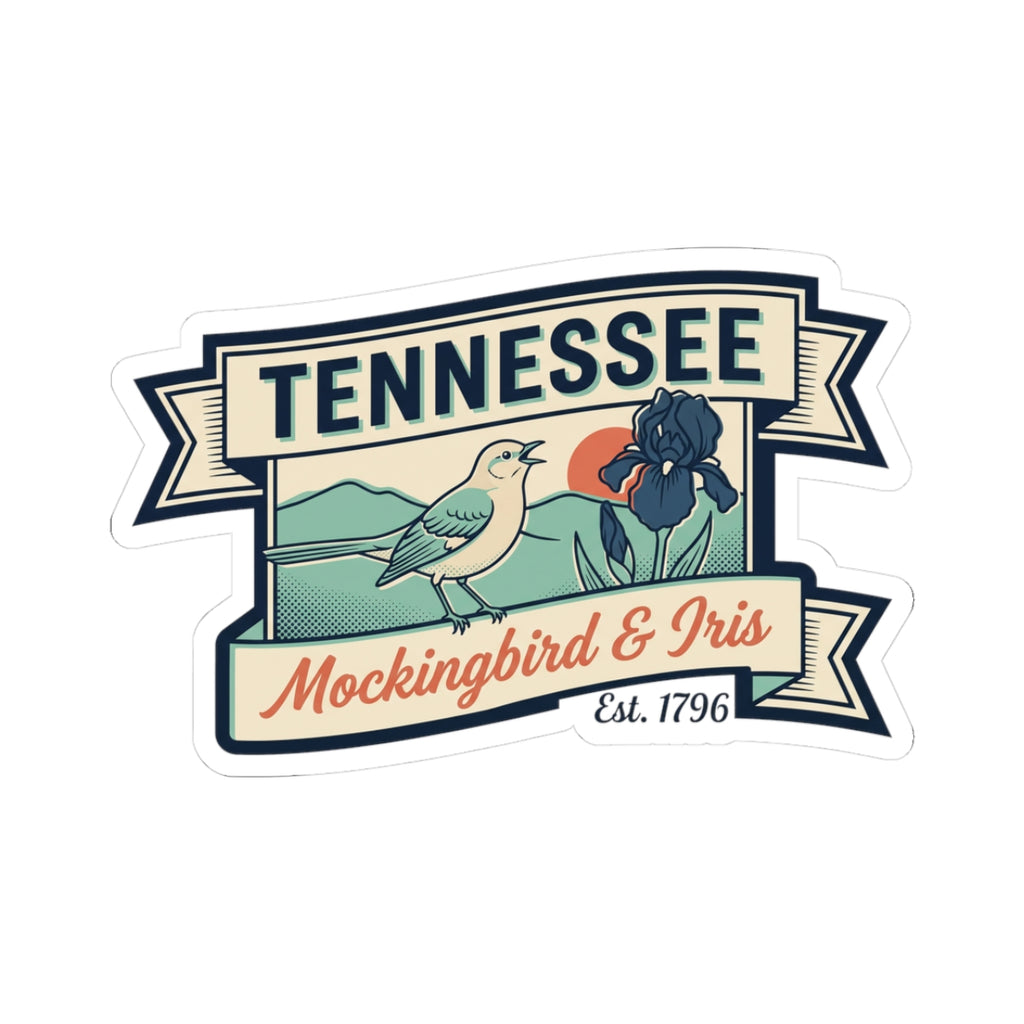 Tennessee souvenir vinyl sticker with mockingbird, iris flowers, and ribbon banner