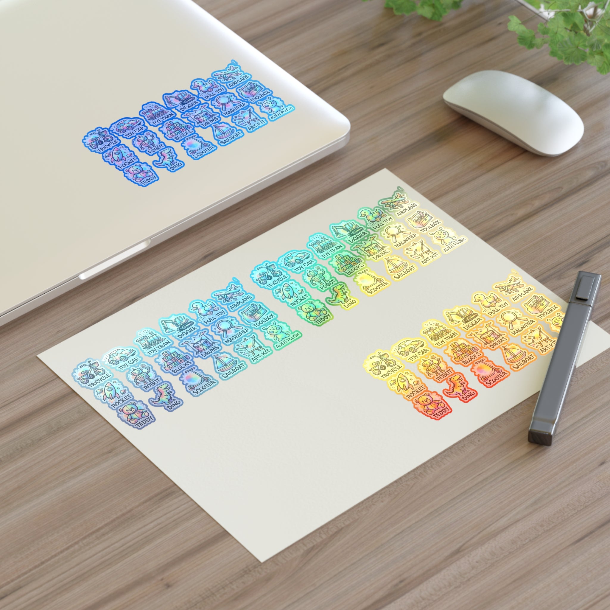 Toy icon sticker sheet with blue and rainbow colored designs for playroom labeling