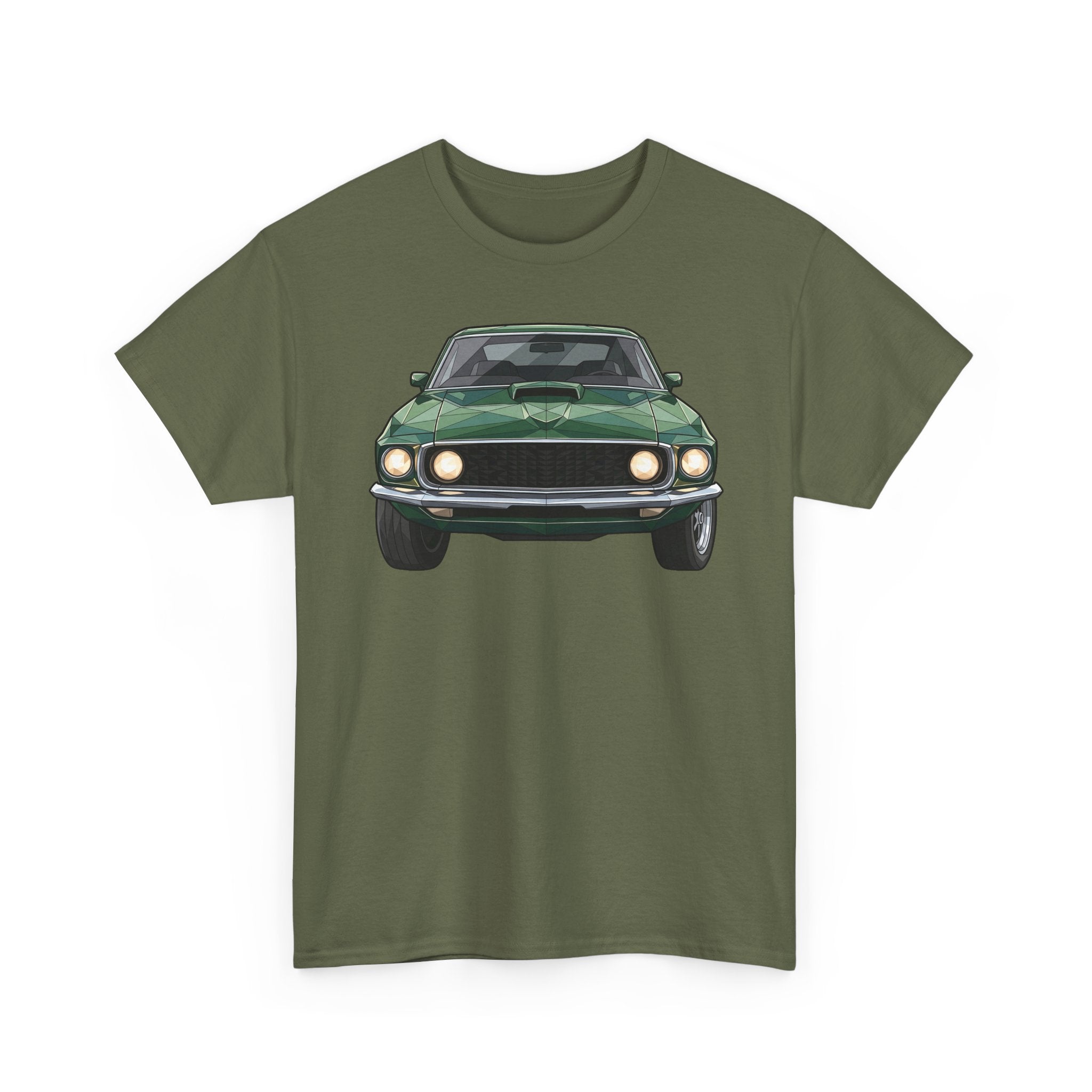 Green Classic Muscle Car T-Shirt | Vintage Mustang Front Back Illustration