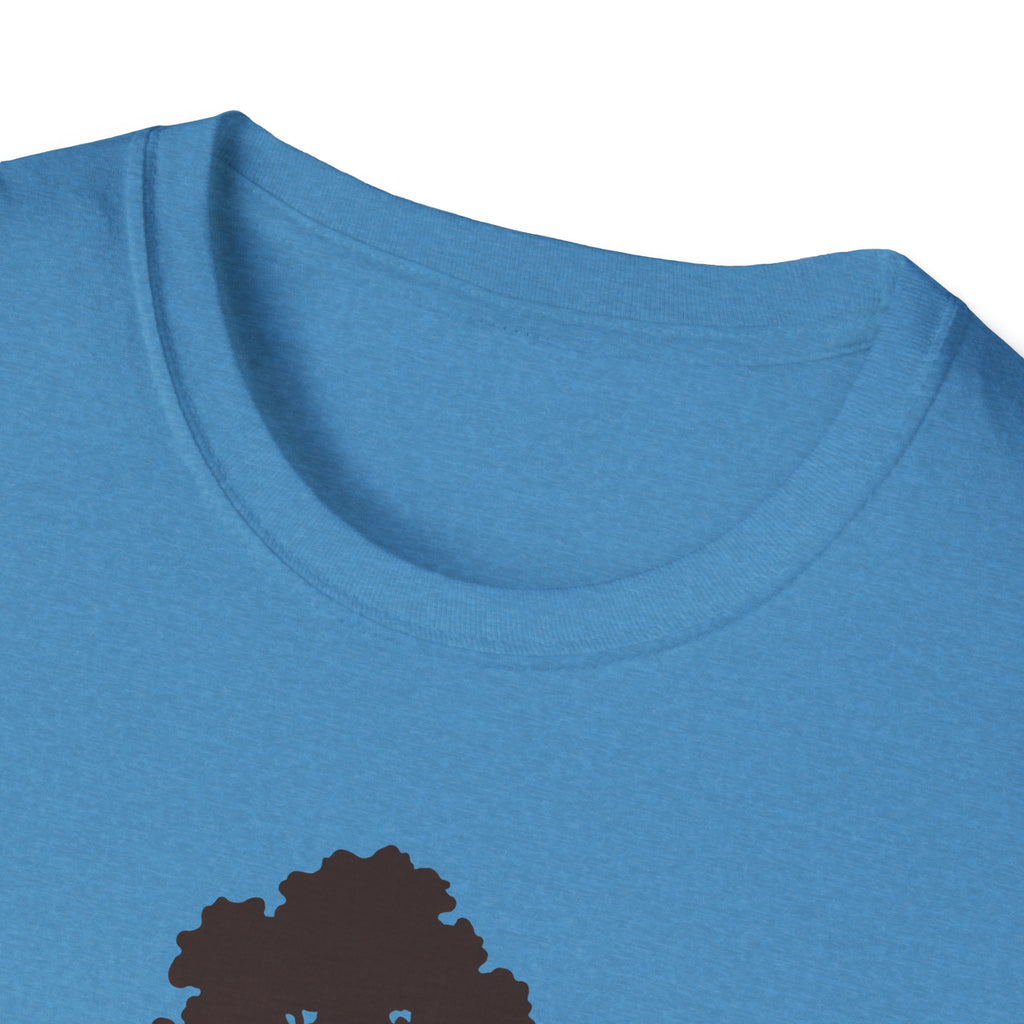 Blue T-shirt close-up of crew neck; partial sequoia tree graphic near bottom