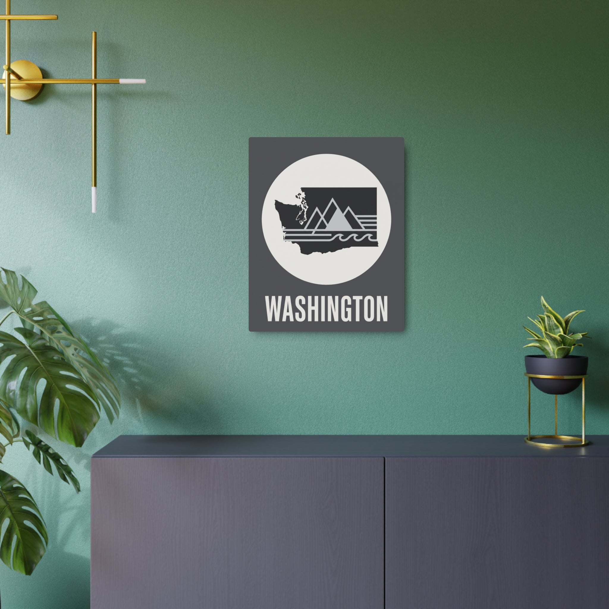 Washington state metal wall art, gray square with white circle logo and WASHINGTON text.