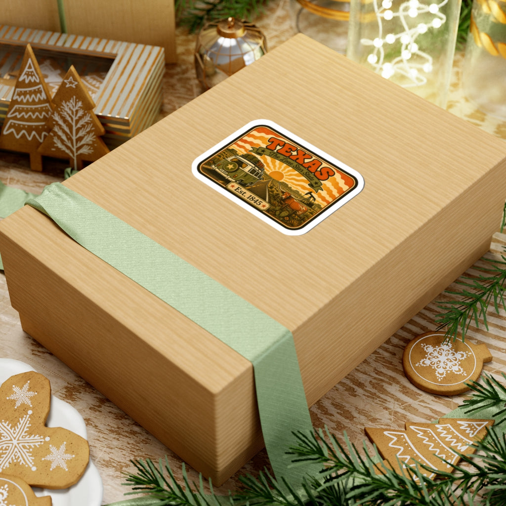 Kiss-cut Texas sticker on wooden gift box with teal ribbon