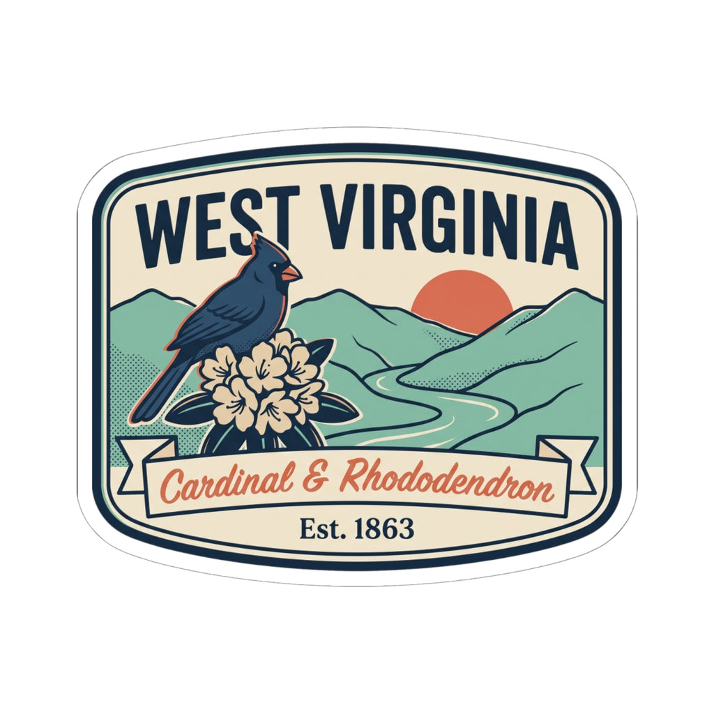 West Virginia state badge decal featuring a cardinal over hills and rhododendron, Est. 1863.