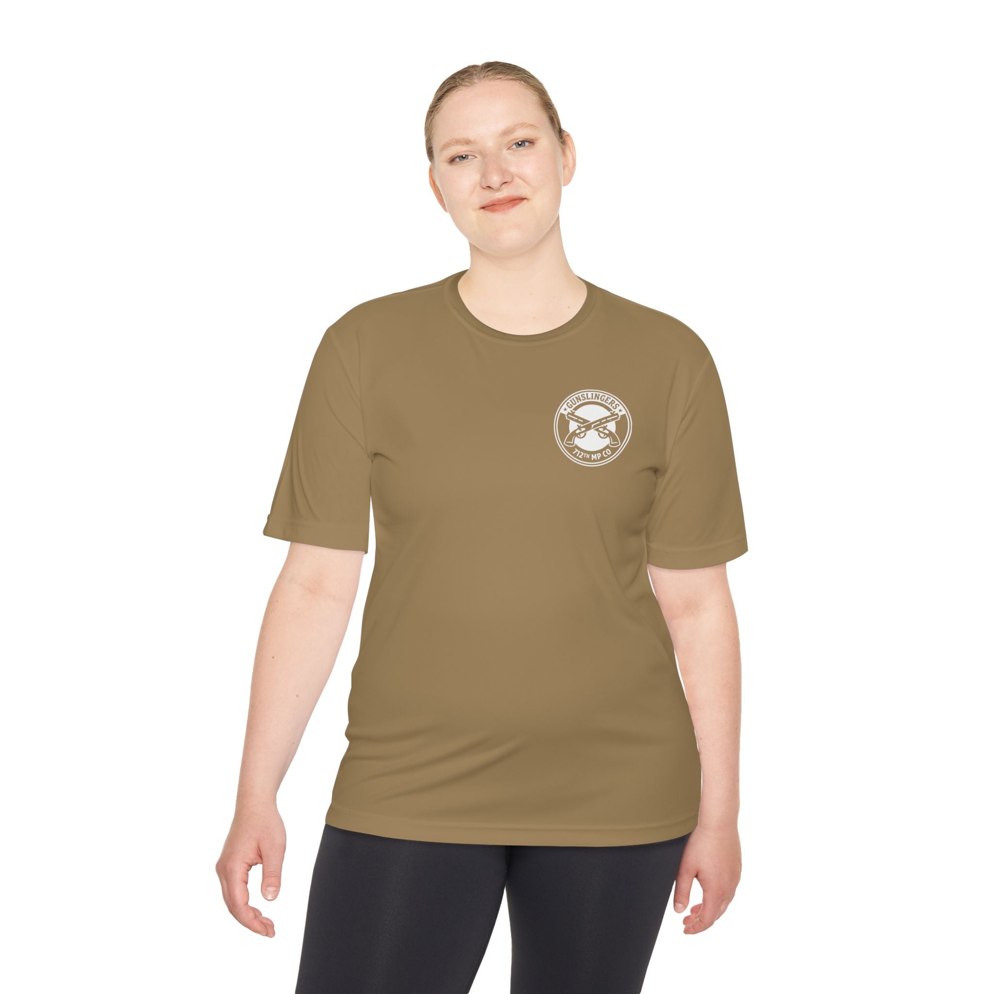 Coyote brown 100% polyester T-shirt worn by a woman; circular chest logo.