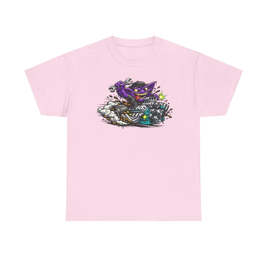 Purple Grinning Cat Biker Tee | Retro Cartoon Motorcycle Graphic T-Shirt, Unisex Streetwear Gift