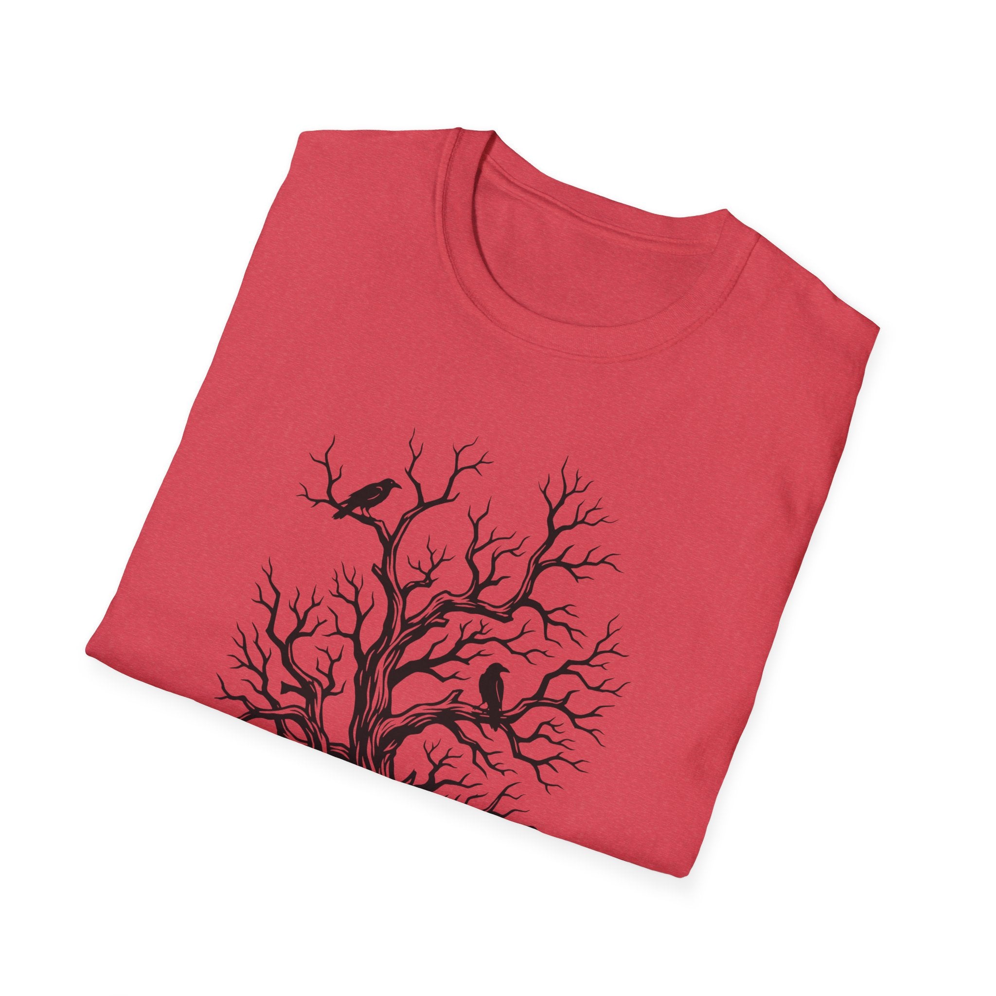 Red T-shirt with bare branch tree and crows Halloween graphic