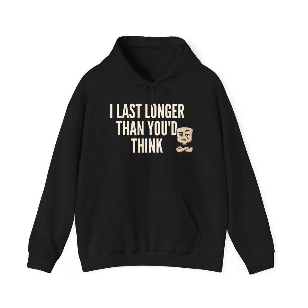 I Last Longer Than You'd Think Hoodie | Funny Adult Humor Beard Guy Graphic Sweatshirt Gift