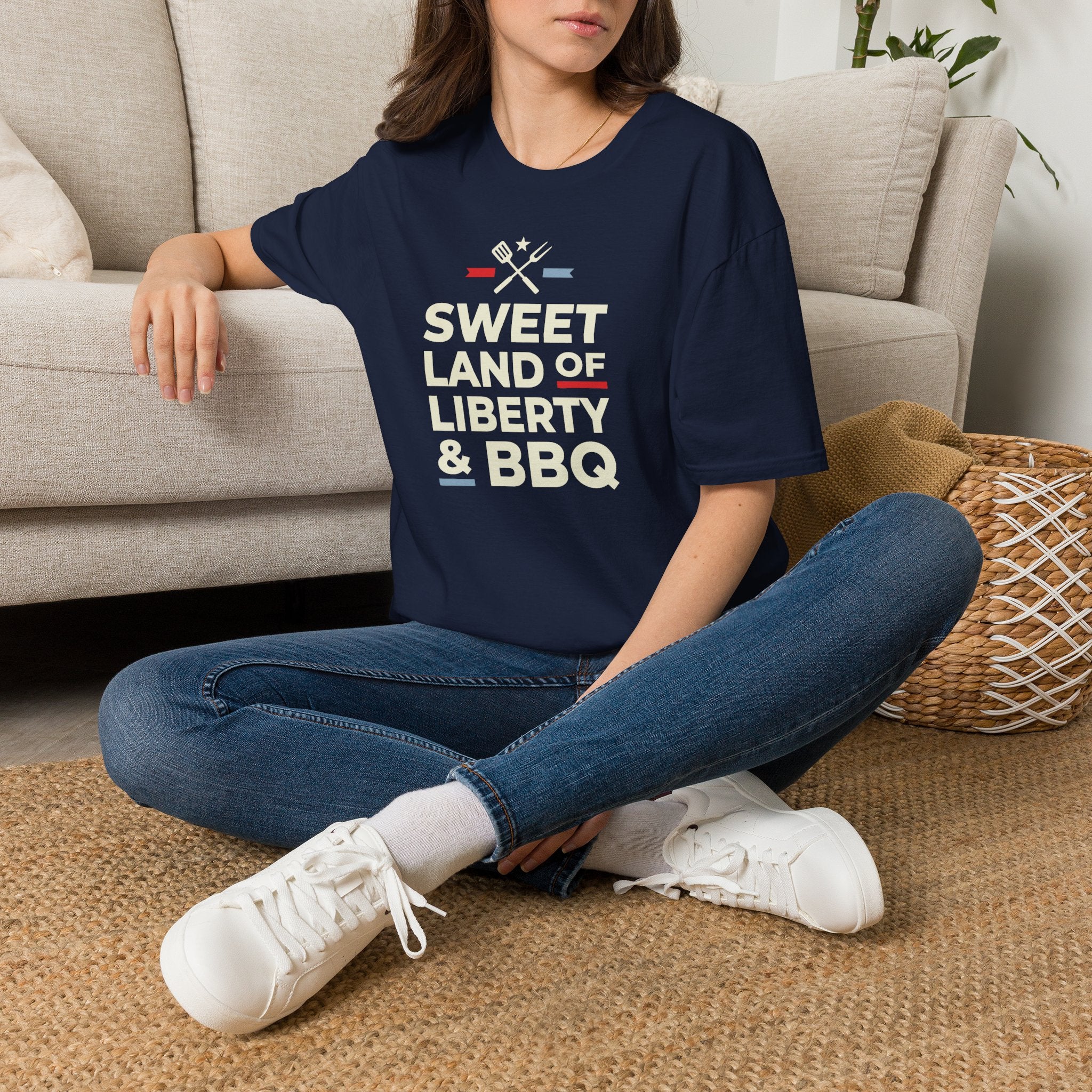 Navy crew-neck T-shirt with 'Sweet Land of Liberty & BBQ' graphic